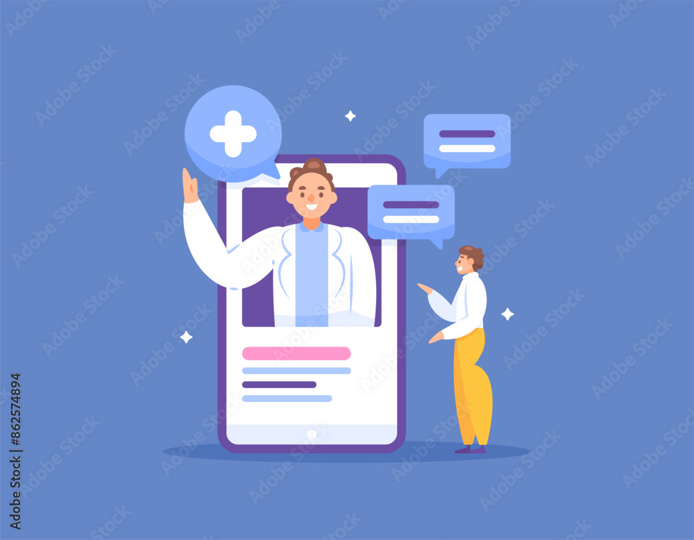 online health consultation concept. a man asks a doctor using a mobile application on a smartphone. chat with a doctor. telemedicine. medical technology. illustration concept design. graphic elements online health consultation concept. a man asks a doctor using a mobile application on a smartphone. chat with a doctor. telemedicine. medical technology. illustration concept design. graphic elements