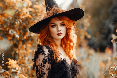 Enchanting Autumn Witch in the Golden Forest, Halloween Horror Costume Concept © Viktorikus