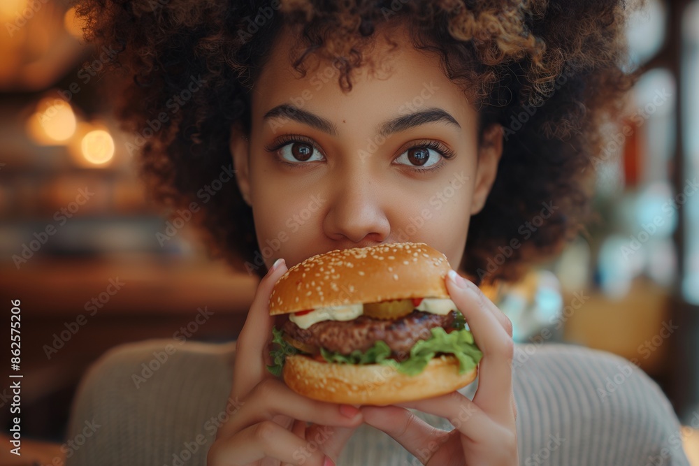 Young Woman Enjoying a Delicious Gourmet Burger at a Local Cafe Young Woman Enjoying a Delicious Gourmet Burger at a Local Cafe