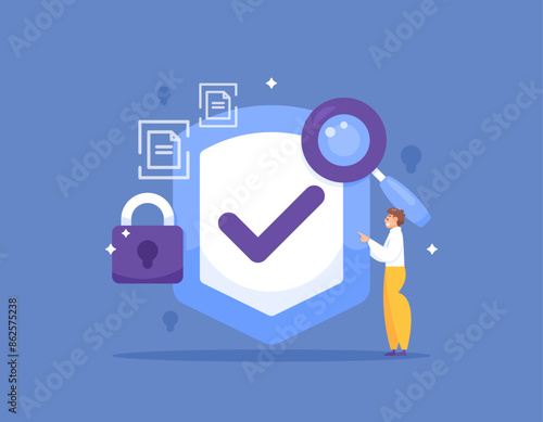 security and protection technology. analysis or scanning of files and documents. antivirus, preventing and detecting threats. illustration of shield with check, padlock, magnifying glass. concept 