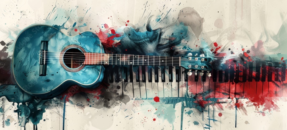 Fototapeta premium A colorful guitar and a piano keyboard on a watercolor illustration painting background.