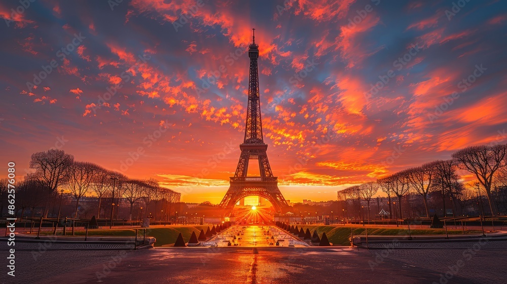 Fototapeta premium Eiffel Tower at sunrise with a clear, colorful sky