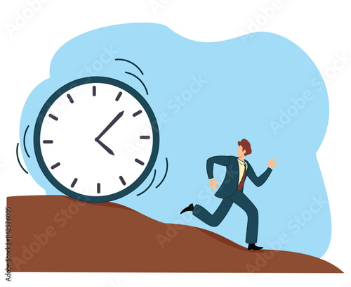 time management concept or tried businessman running away from falling rolling huge clock down hill