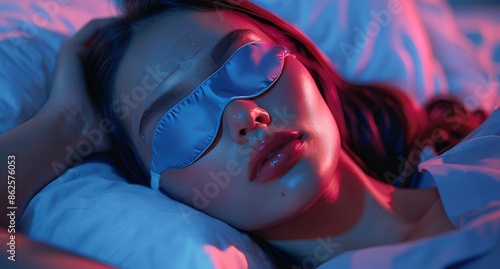 Woman Sleeping in Bed With Blue Eye Mask Under Pink and Blue Light