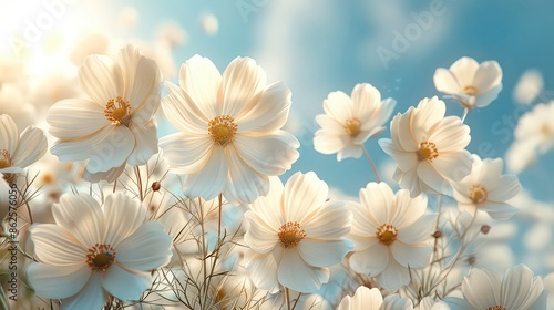 White cosmos flowers in the field with blue sky background Nature background