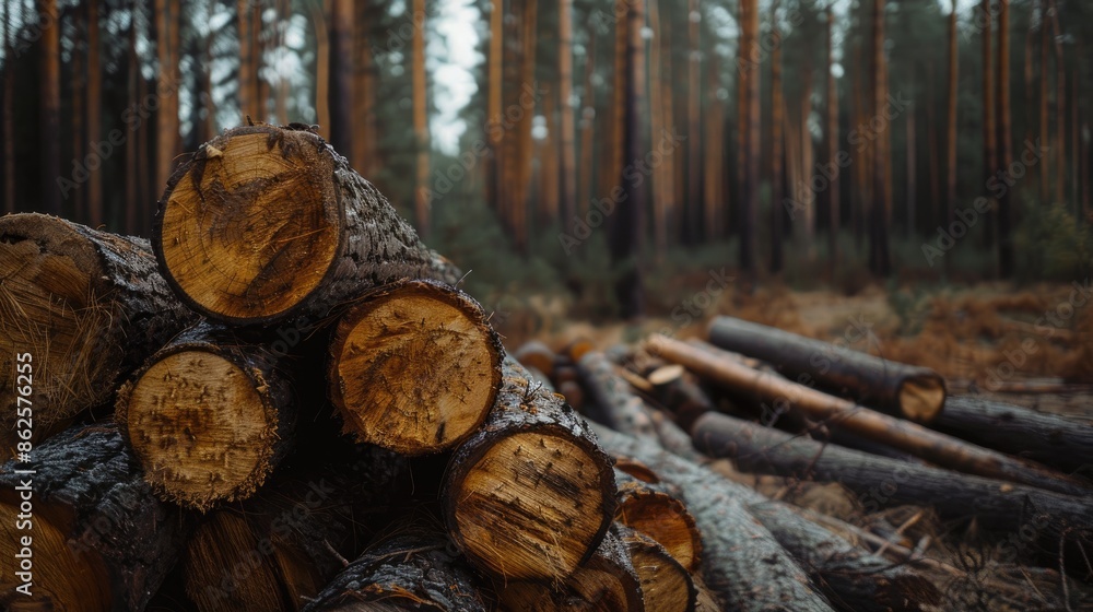 cut down trees in the forest. Selective focus cut down trees in the forest. Selective focus