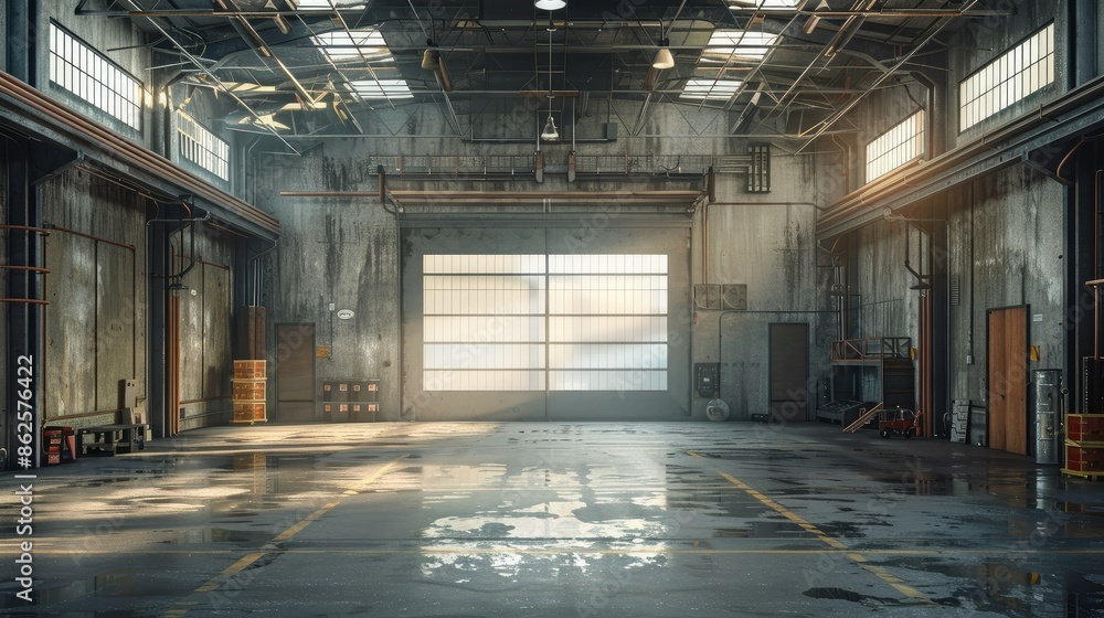 Empty industrial garage with high ceilings and metallic walls Empty industrial garage with high ceilings and metallic walls