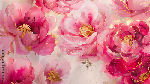 Flower Peony Pink with Gold Accents. Flowers Illustration in Watercolor Hand Drawn Style. Texture Background Wallpaper Painting  