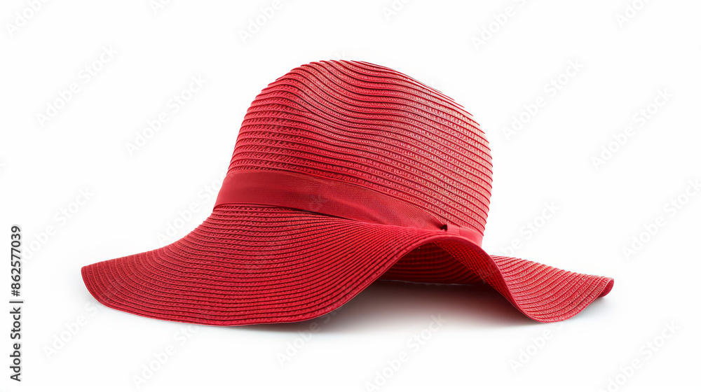 Red summer hat for women, standing alone on a white background. Red summer hat for women, standing alone on a white background.