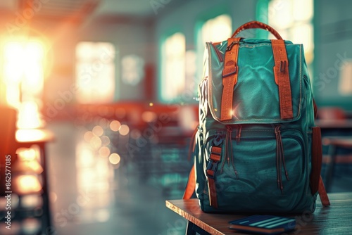 Backpack on a classroom desk in sunlight, depicting the start of a school day and education environment with soft focus.