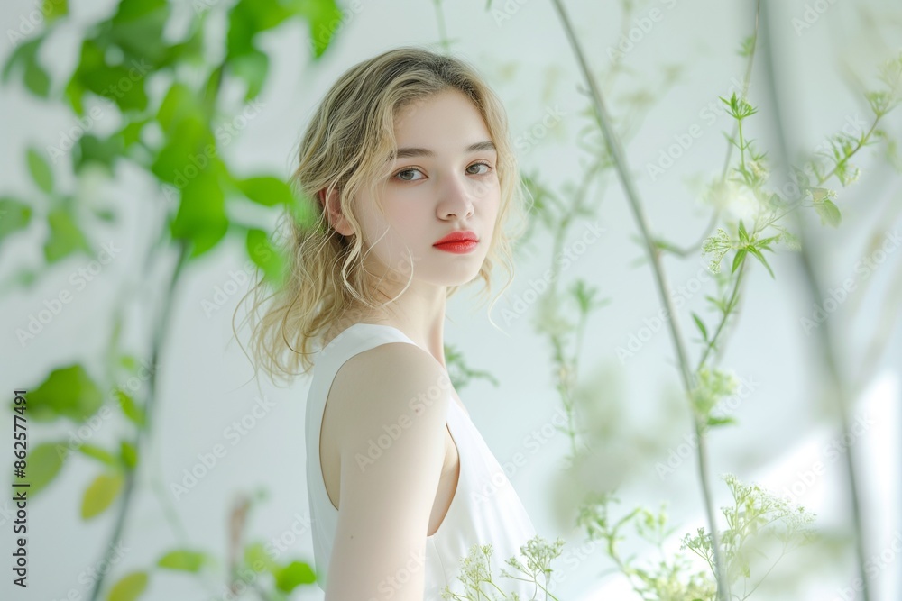 Serene Beauty Surrounded by Spring Greenery in a Sunlit Space Serene Beauty Surrounded by Spring Greenery in a Sunlit Space