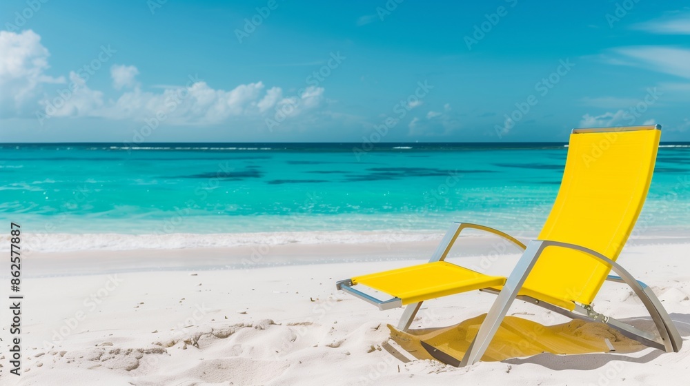 Modern yellow beach chair on pristine white sand, turquoise ocean in the background, clear sky, and elegant summer relaxation Modern yellow beach chair on pristine white sand, turquoise ocean in the background, clear sky, and elegant summer relaxation