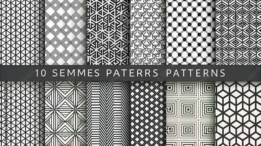 Geometric set of seamless black and white patterns. Simple vector graphics. Geometric set of seamless black and white patterns. Simple vector graphics.