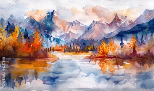 Animated watercolor scene with mountains, forests, and a lake, Autumn landscape, stock