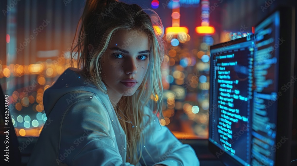 Woman Coding at Night With City Lights in the Background Woman Coding at Night With City Lights in the Background