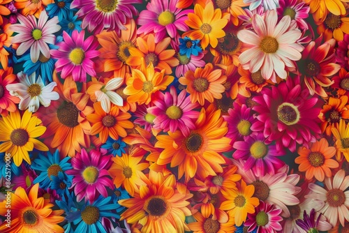 Colorful array of vibrant flowers in shades of orange, pink, yellow, blue, and white creating a lively and cheerful floral background © Roza