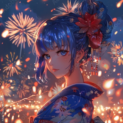 Dreamy Anime Girl Admiring Colorful Fireworks