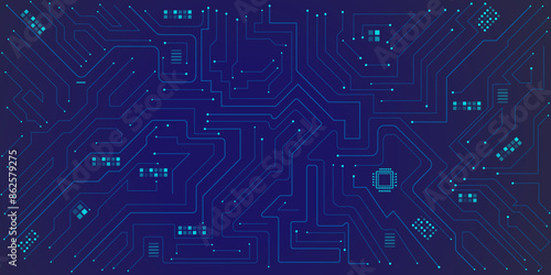 Vector illustration fantastic digital technology. Technology lines circuit and dots on blue background, circuit board network connection.