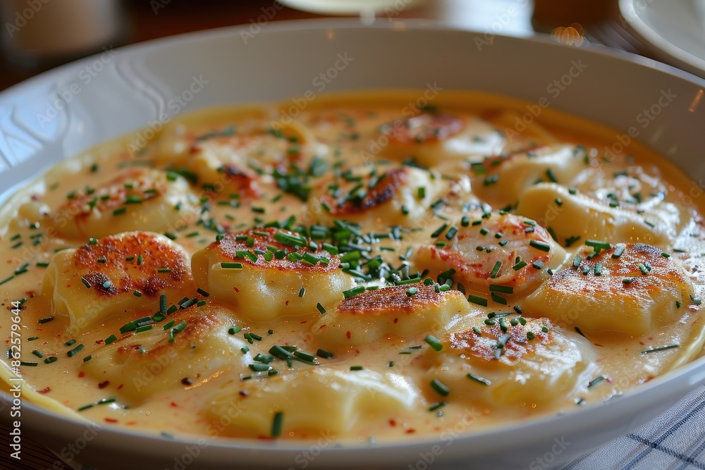 A luxurious dish of lobster ravioli, served with a creamy lobster bisque sauce and garnished with chives. A luxurious dish of lobster ravioli, served with a creamy lobster bisque sauce and garnished with chives.