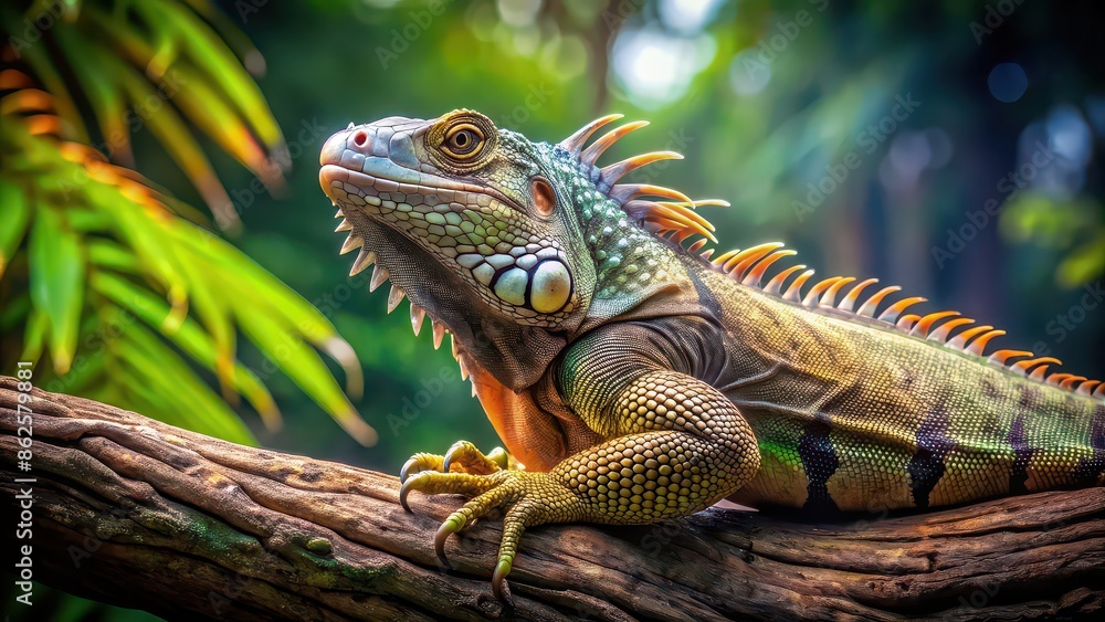 Obraz premium Iguana basking on a tree branch, reptile, wildlife, lizard, exotic, camouflaged, tropical, green, scales, arboreal