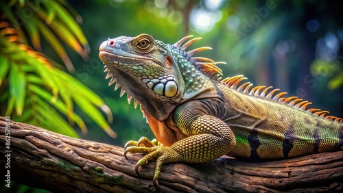 Iguana basking on a tree branch, reptile, wildlife, lizard, exotic, camouflaged, tropical, green, scales, arboreal © Sujid