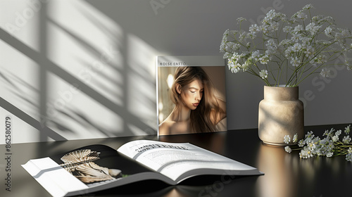 
still life of a vase, an open magazine and a photo of a beautiful woman on the table, shadows from the window create an elegant pattern