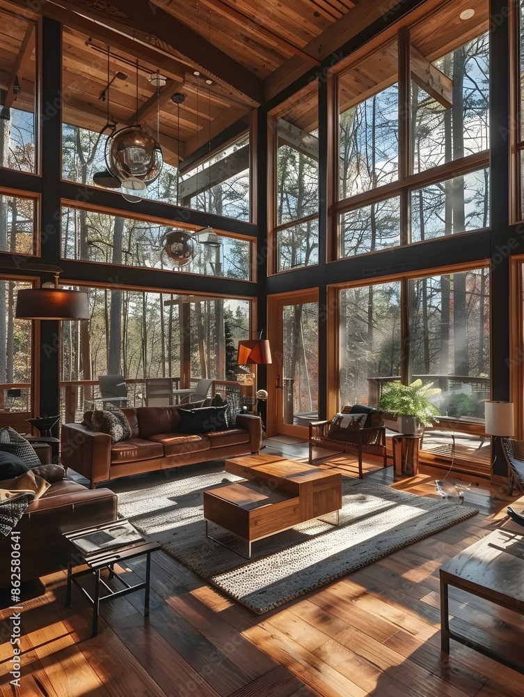 a living room filled with furniture and wooden floors under large windows a living room filled with furniture and wooden floors under large windows