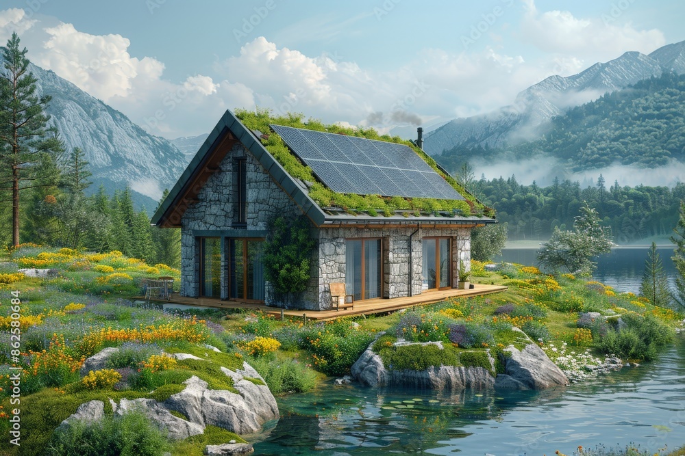 Fototapeta premium A beautiful image featuring an eco-friendly house with solar panels on its roof, situated by a serene lake amidst mountains, showcasing sustainable living and harmony with nature.