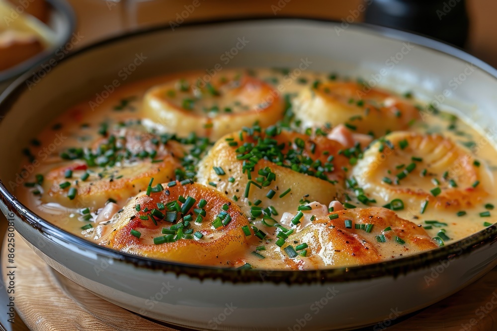 A luxurious dish of lobster ravioli, served with a creamy lobster bisque sauce and garnished with chives. A luxurious dish of lobster ravioli, served with a creamy lobster bisque sauce and garnished with chives.