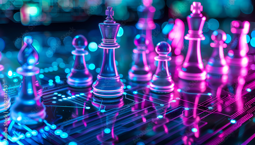 Chess pieces on board in neon lights. Circuit board pattern and binary code symbolizing artificial intelligence Chess pieces on board in neon lights. Circuit board pattern and binary code symbolizing artificial intelligence