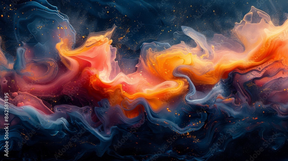 Abstract colorful smoke pattern with dark background, fluid art painting with vivid orange, blue, and purple hues. Creative vibrant concept. Abstract colorful smoke pattern with dark background, fluid art painting with vivid orange, blue, and purple hues. Creative vibrant concept.