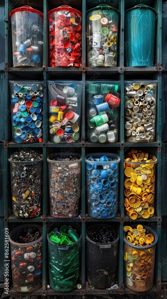 Fototapeta premium Many containers of different types of cans on the shelf, recycling bins, Social issue background