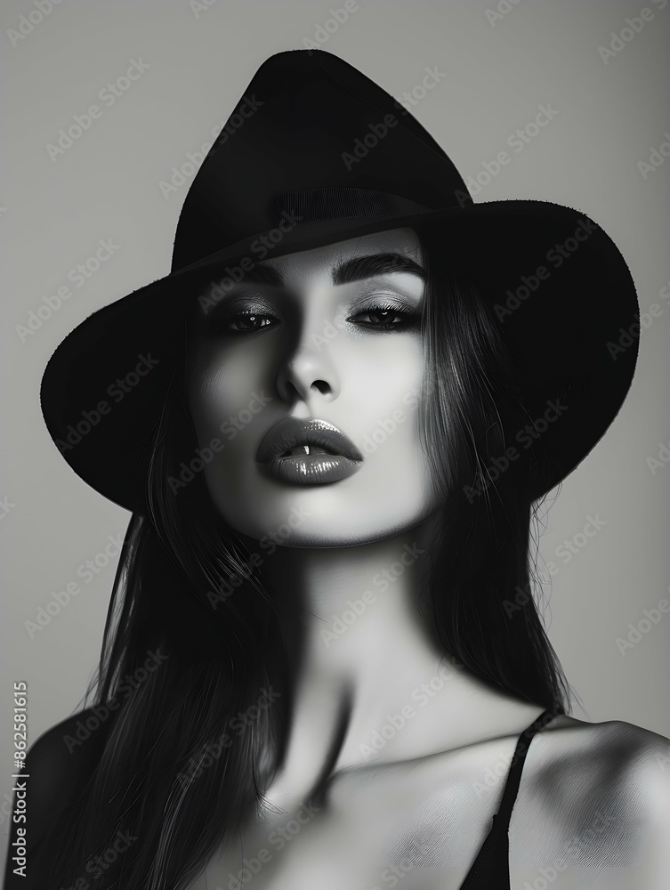 A stylish black and white portrait of a woman adorned with a chic hat, highlighting minimalist fashion trends A stylish black and white portrait of a woman adorned with a chic hat, highlighting minimalist fashion trends