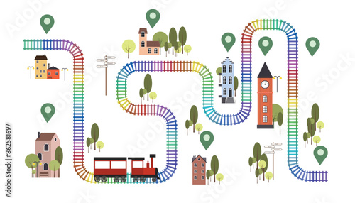 Vector illustration of children's game background with trains.Cartoon top view scene of a curved railroad track with rails and a train, road sign, vintage houses, benches, clock, street lights, trees.