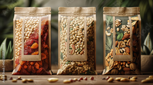 Fototapeta Naklejka Na Ścianę i Meble -  an eco-friendly packaging design for organic snacks. The packaging is craft paper with natural tones, with nuts and dried fruits