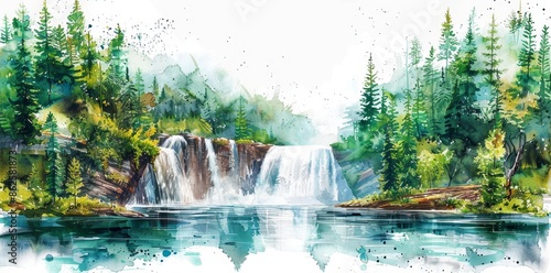 Landscape poster with waterfalls in watercolor painting style, generative AI