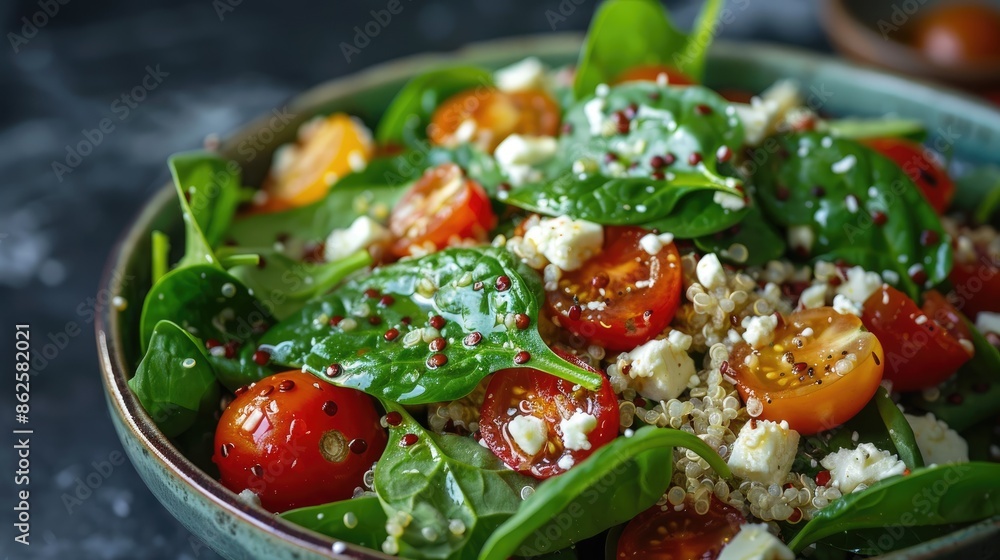 Tender spinach leaves mixed with cherry tomatoes. Selective focus Tender spinach leaves mixed with cherry tomatoes. Selective focus