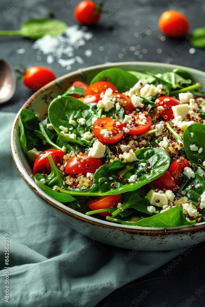 Tender spinach leaves mixed with cherry tomatoes. Selective focus