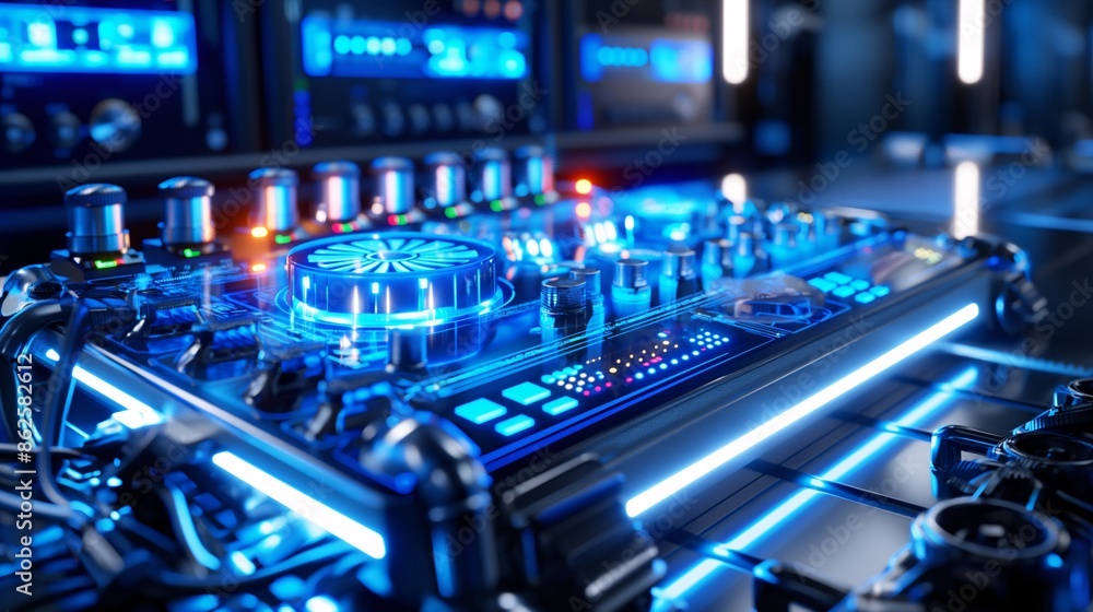 detailed and modern radio transmitter on a sleek, high-tech control panel, with glowing blue LED lights detailed and modern radio transmitter on a sleek, high-tech control panel, with glowing blue LED lights