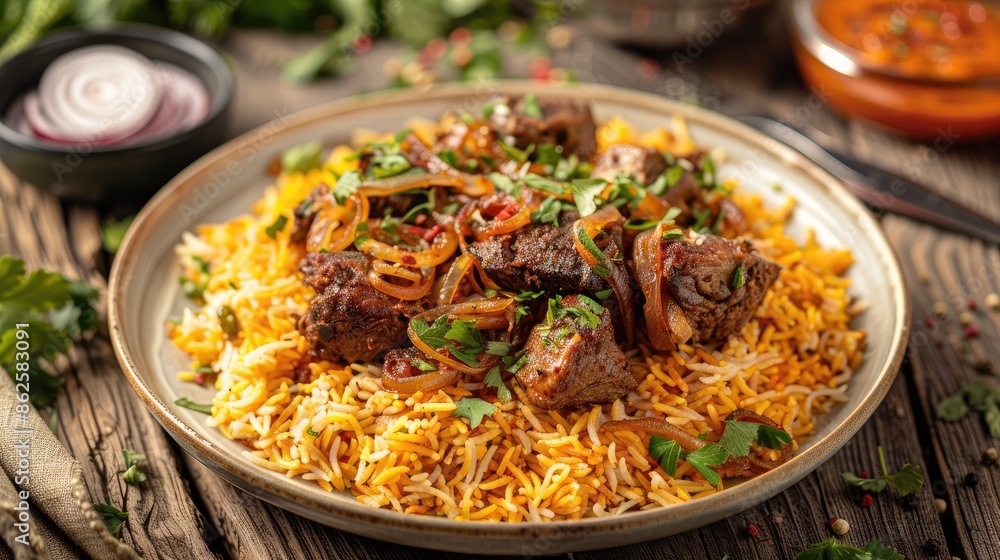 close-up of a dish of rice with meat. Selective focus close-up of a dish of rice with meat. Selective focus