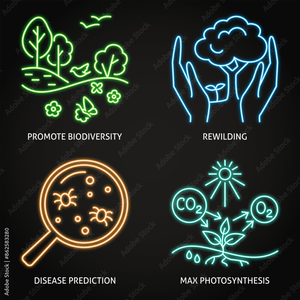 Nature protection neon icon set Nature protection neon icon set