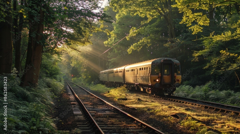 Fototapeta premium As the train exits the forest leaving behind its peacefulness the memories of the journey linger on.