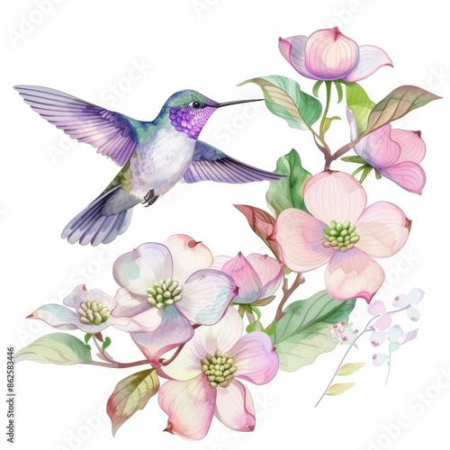 An exotic, wild life clipart illustration of a flying hummingbird. Hand painted watercolor illustration.