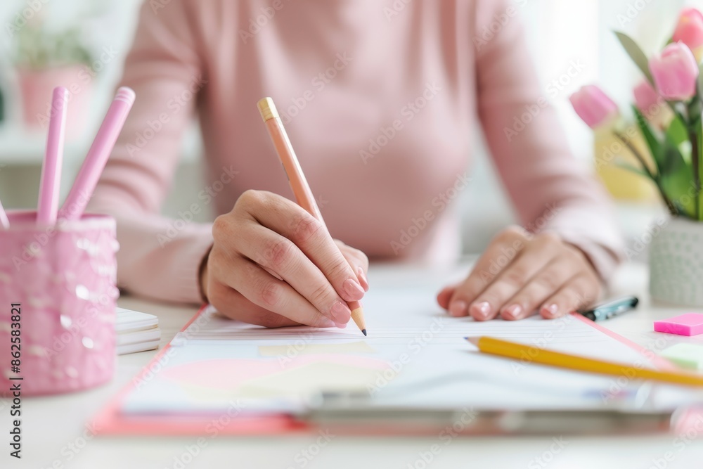 Woman writing on paper with pencil, sitting at desk. Workspace features pink stationery items, creating a soft, organized atmosphere.