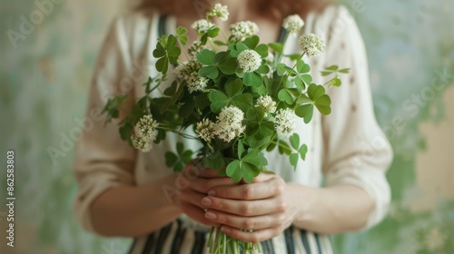 close-up of a woman holding a clover in her hands. Selective focus