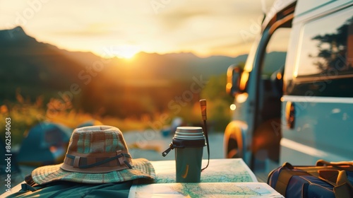 Scenic sunrise at a campsite with a camper van, map, hat, and thermos, ready for a travel adventure. Outdoor journey in nature.
