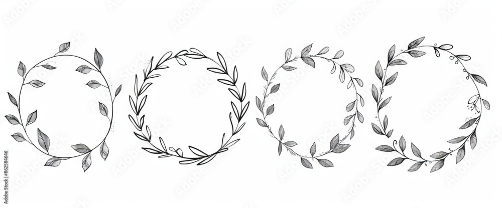 Obraz premium Hand drawn modern illustration of leaves, swirls, ornate, award, icon. Vintage black laurel wreaths collection. Modern illustration of leaves, swirls, ornate, award, icon.