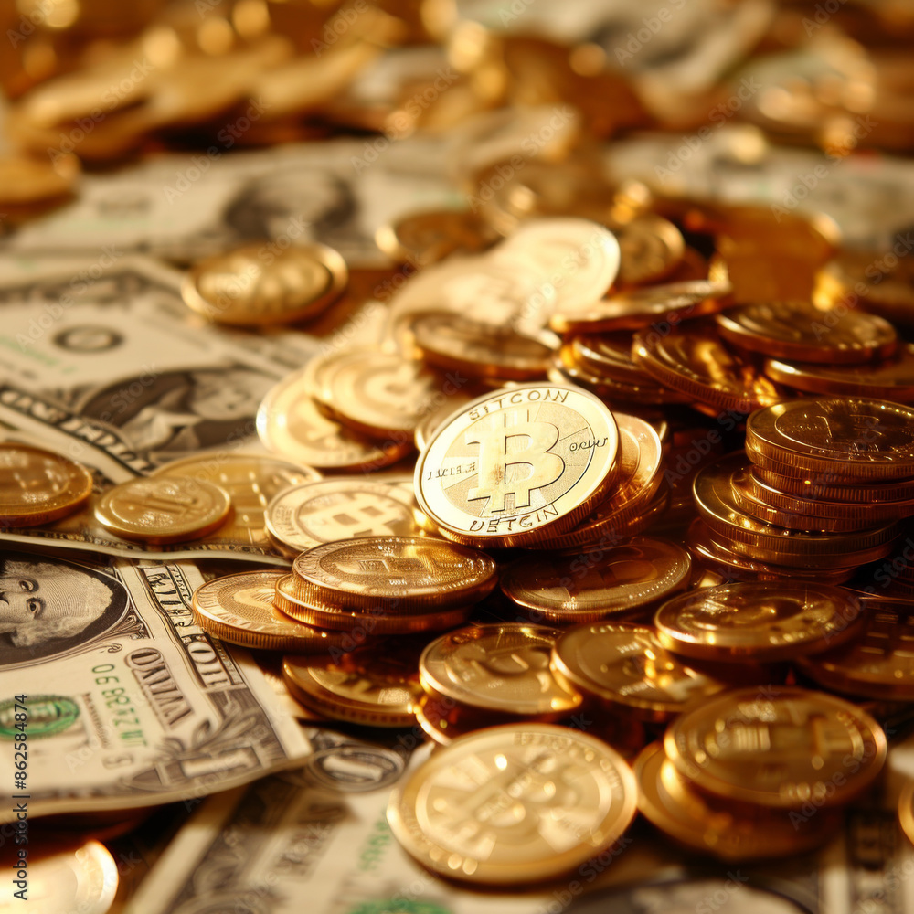 Pile of golden coins and banknotes. Symbol of cash and wealth. Pile of golden coins and banknotes. Symbol of cash and wealth.