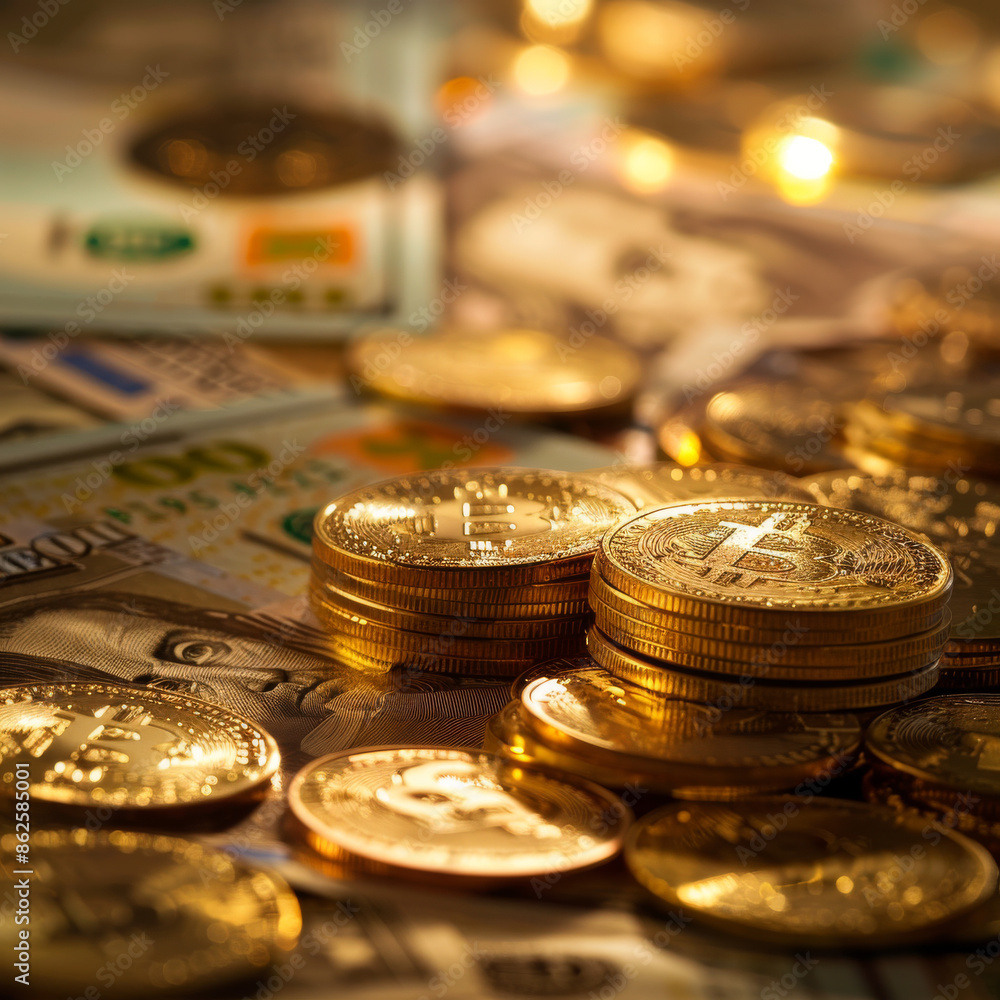 Pile of golden coins and banknotes. Symbol of cash and wealth. Pile of golden coins and banknotes. Symbol of cash and wealth.