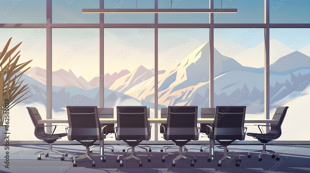 Fototapeta premium conference table and chairs in an office with a view of mountains